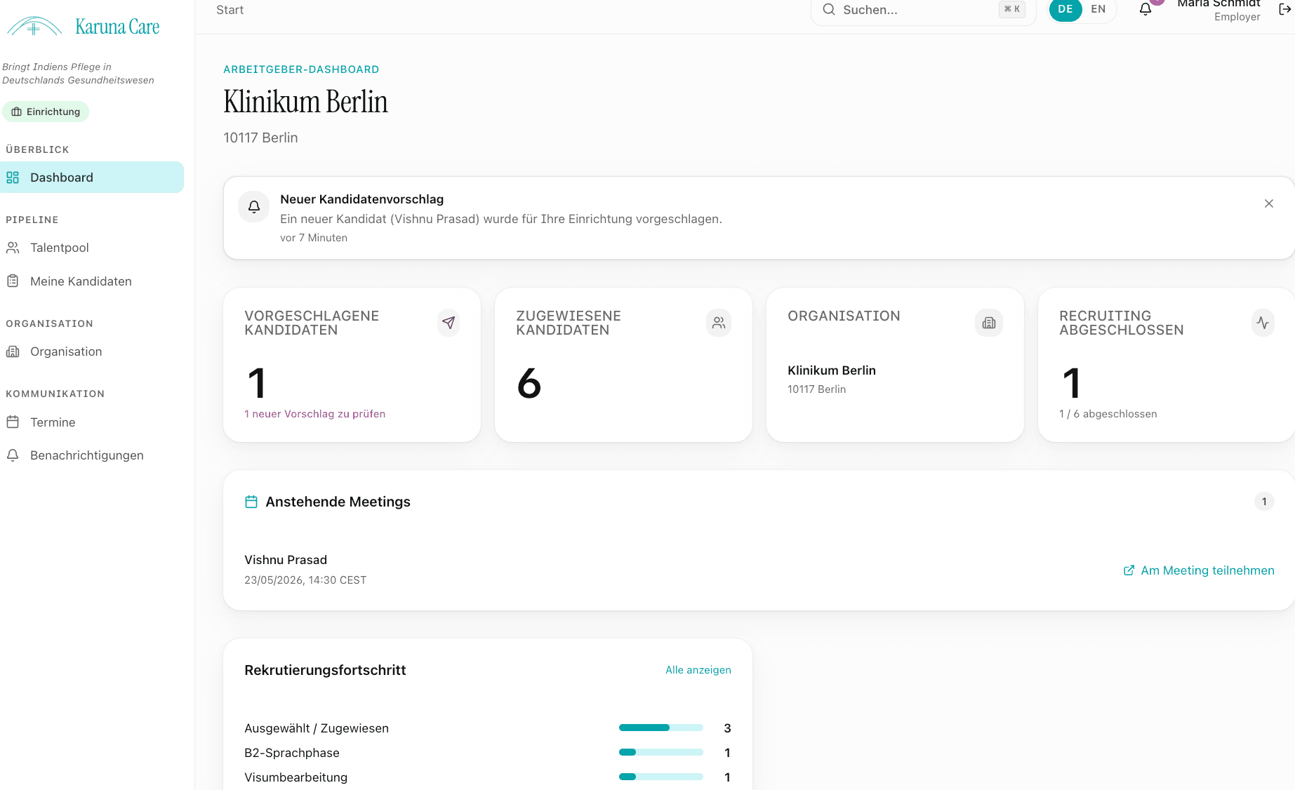 Karuna Care platform — employer dashboard with live tracking, meetings and recruitment progress