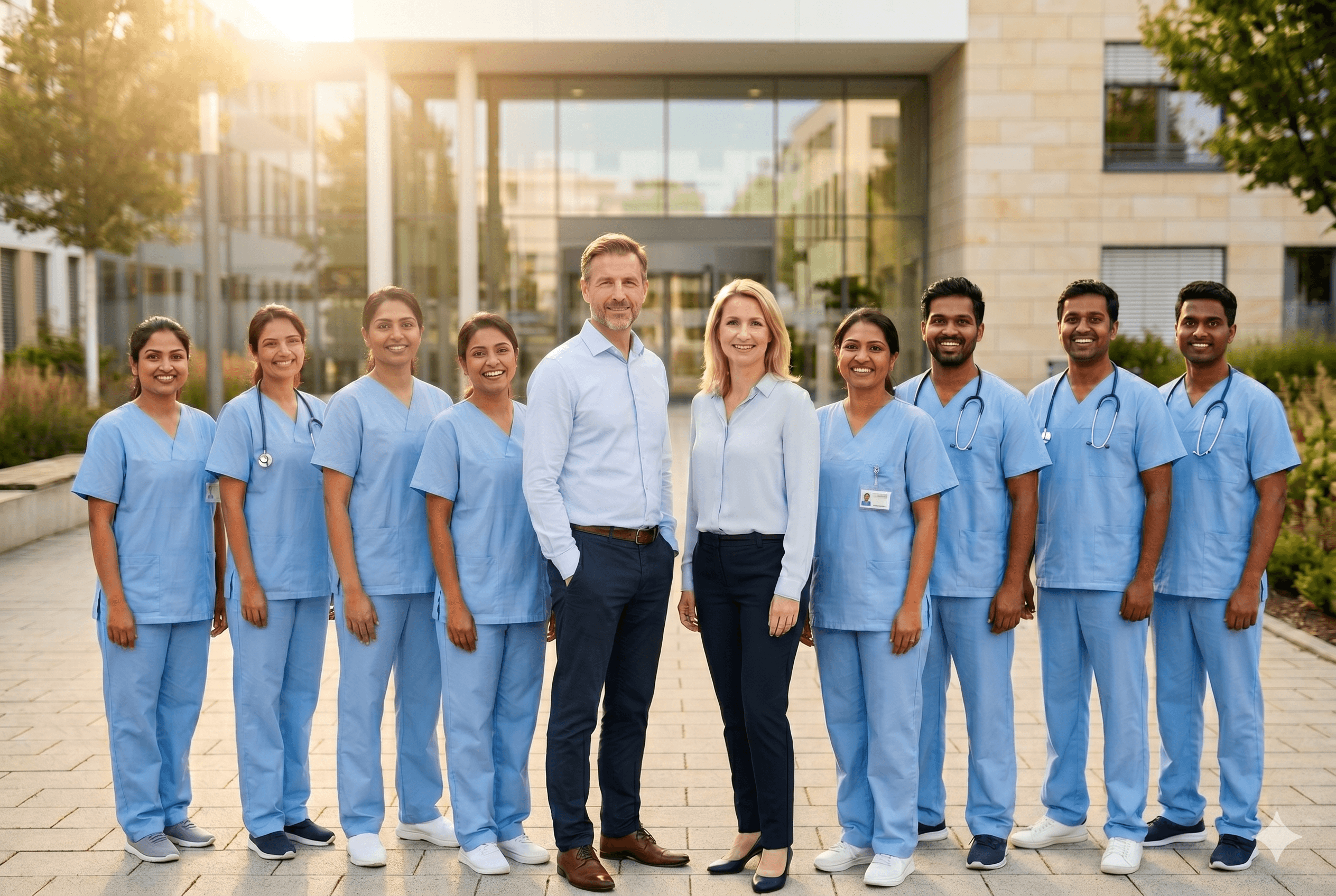 Team of Indian nursing professionals alongside German facility leaders outside a hospital