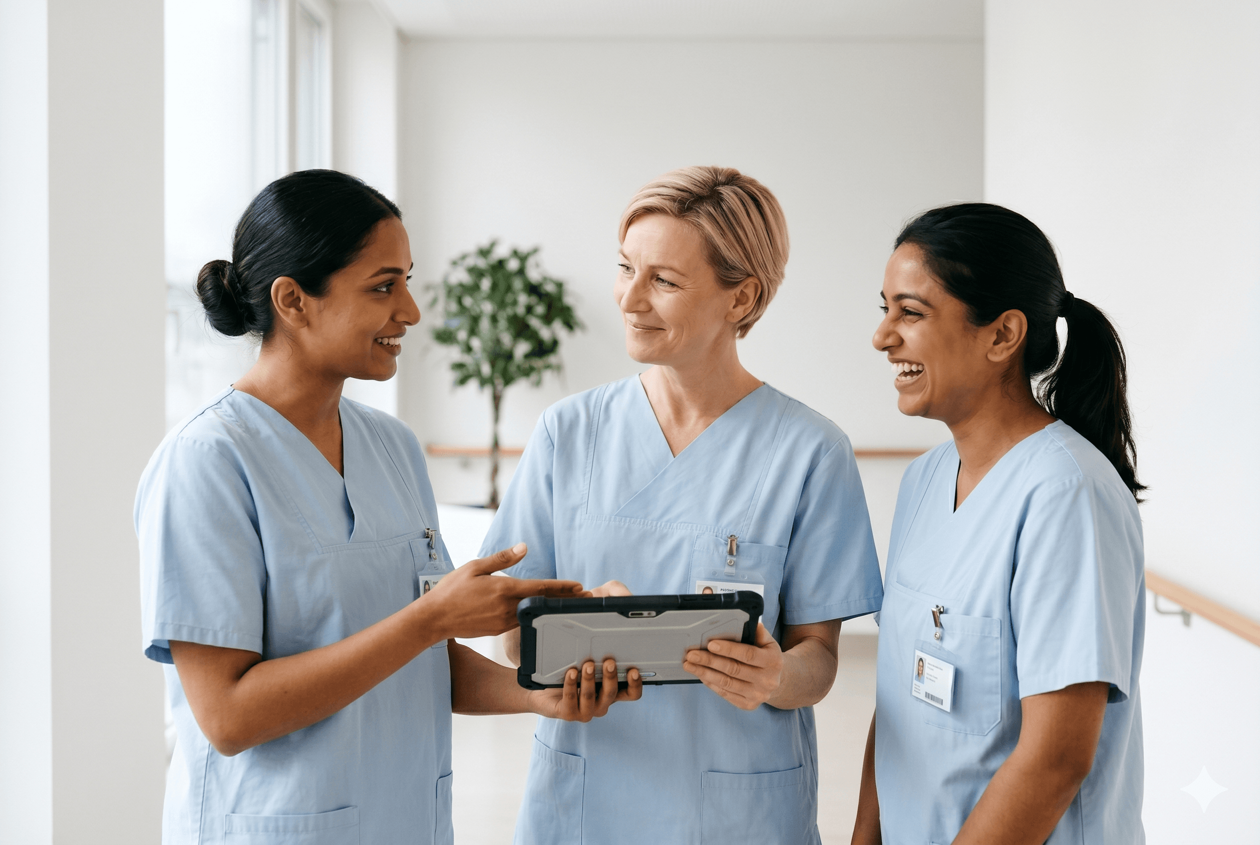 Nurses from India and Germany working together in a clinical setting
